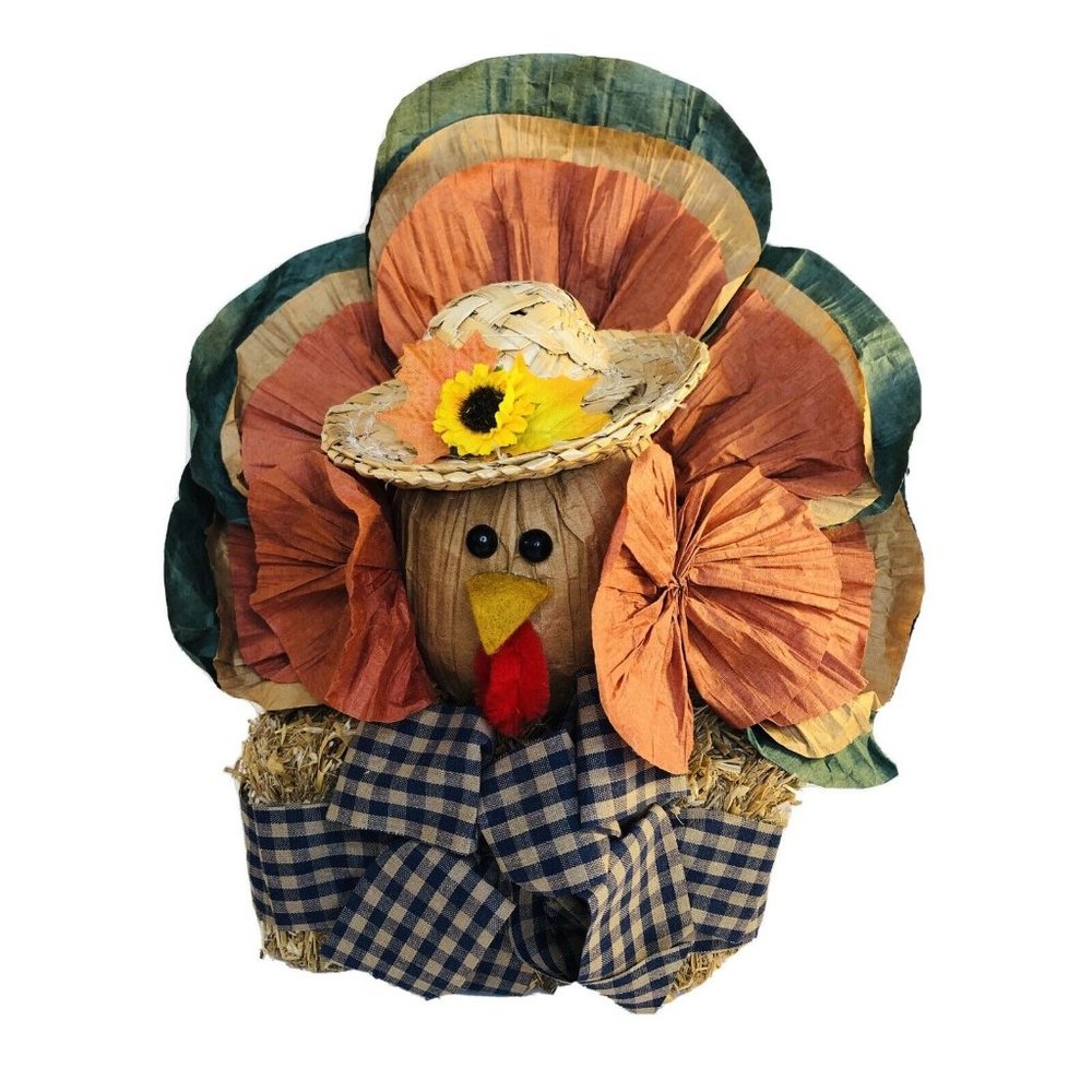Handmade Paper Turkey on Hay Bail Harvest Table Top Decor Autumn Fall 11” Tall
